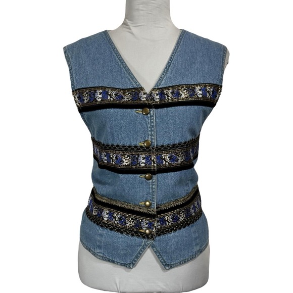 Vintage Lizwear Embroidered Denim Vest Size L Western Grunge Boho 90s Waistcost - Picture 2 of 13